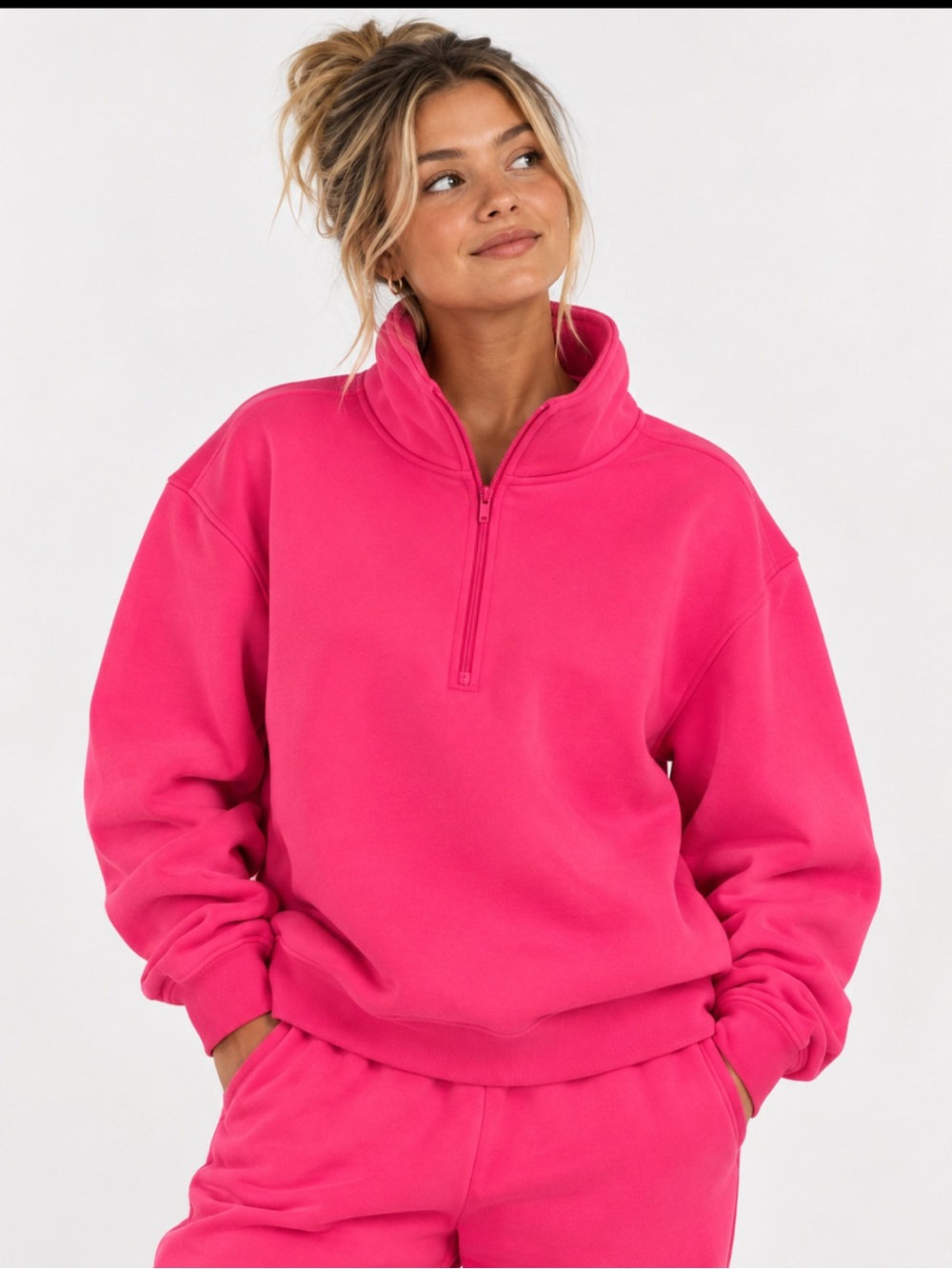 Comfrt Half-Zip Cowl Sweatshirt Hot Pink Xl Oversized Cozy Pullover